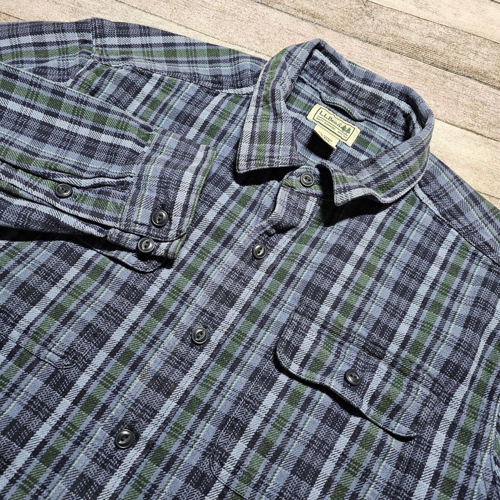 L.L. Bean Shirt Men's L Blue Long Sleeve Button Up Flannel Cotton Linen Blend